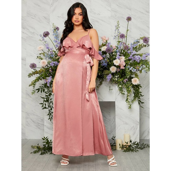Maternity Cold Shoulder Ruffle Trim Knot Side Wrap Maxi Dress satin pink - Picture 3 of 6